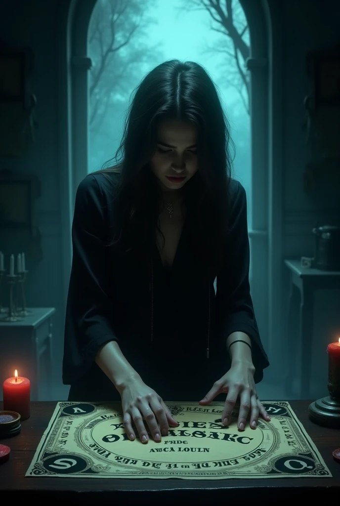 The psychosis talks to a crazy woman while she is reading tarot cards. The woman looks frightened.