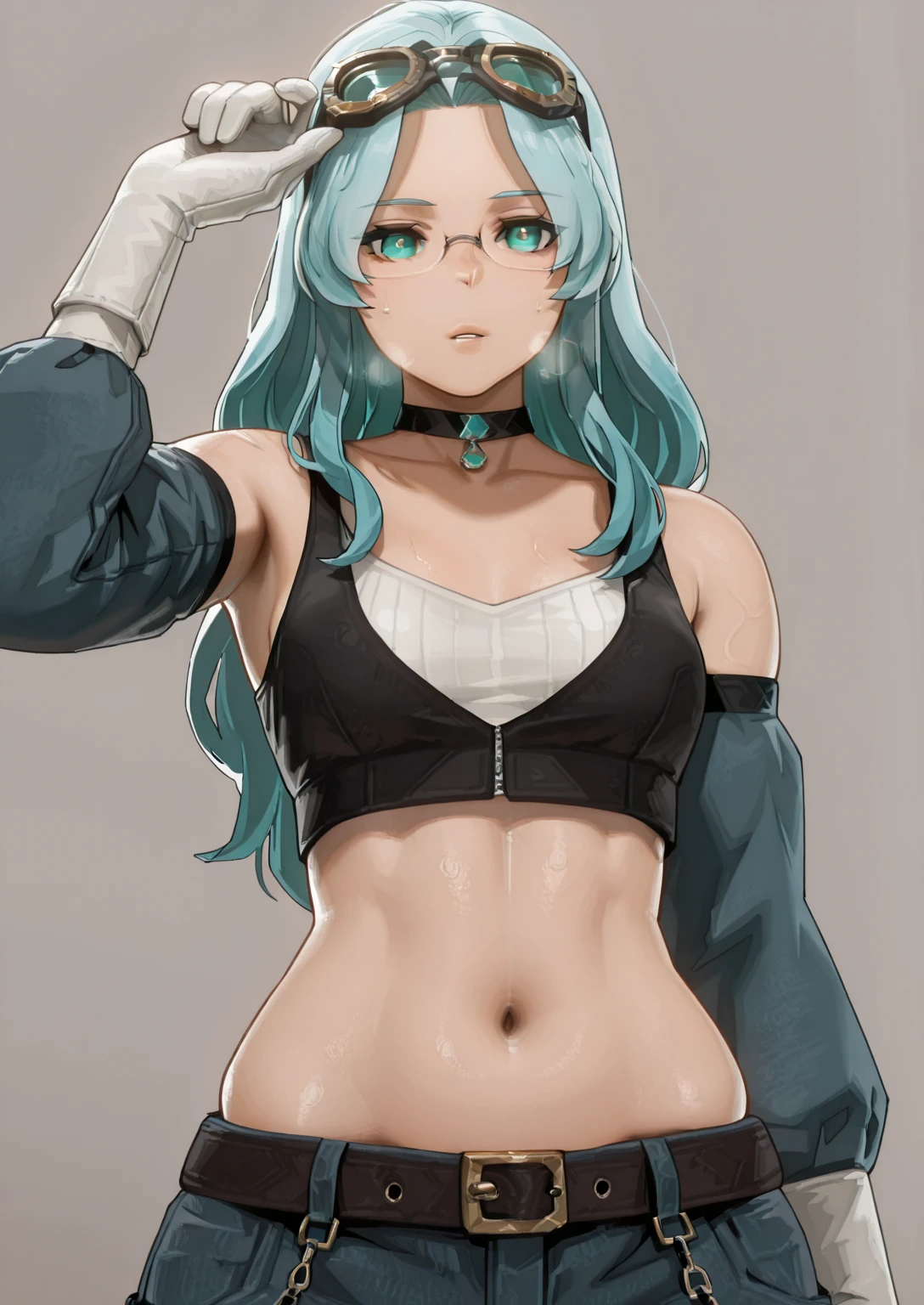 Vicineko, 3d, sakuranotomoru, (gogalking-style1.2), ((Cinematic, unreal engine, eye-catching, ambient occlusion, UHD, masterpiece)), ((perfect lighting, rim lighting)), comic, score_9, score_8_up, score_7_up, score_6_up, score_5_up, score_4_up, uncensored, detailed background, vignetting, masterpiece, Cinematic, high quality, absurdres, best quality, very aesthetic, newest, digital art, trending on ArtStation, ((anatomical correct)), perfect body, perfect eyes, perfect fingers, gasping, heavy breathing, gasping profusely, cinematic, ((skindentation)), ((curvy)), mature female, eva aesland, long hair, light-blue hair, aqua eyes, glasses, parted bangs, ((small breasts)), bright pupils, plump, 1girl, breasts, solo, goggles_on_head, gloves, goggles, navel, choker, looking_at_viewer, muscular_female, belt, grey_background, muscular, parted_lips, elbow_gloves, white_gloves, eyewear_on_head, collarbone, midriff, simple_background, tank_top, pants, bare_shoulders