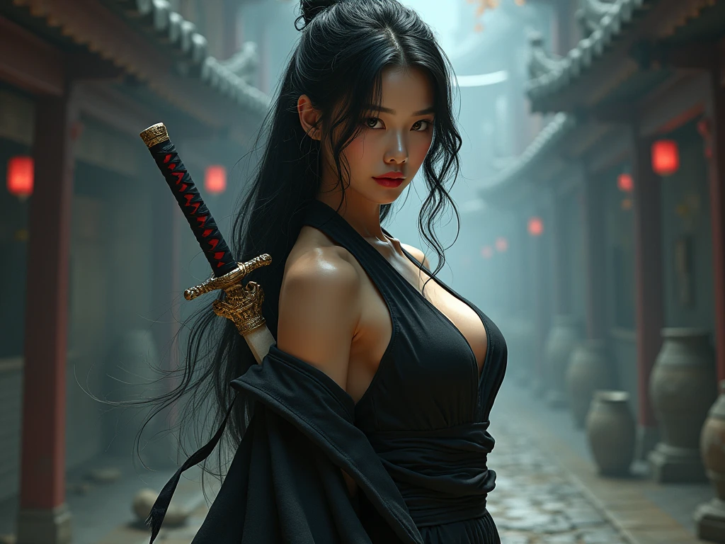 (Active attention),(在黑暗的night:1),(Best quality),(Honesty:1),Movie Records,Realistic skin texture,Very detailed,8k wallpaper,Volumetric Lighting,Dynamic Lighting,A girl,long black hair,Ponytail,Black metal armor,red belt,Black Armor,scapular,Waist protector,handguard,Wearing a veil,Hold the sword in front of you,Antique Chinese style,fighting stance,Lots of blood,满Face血迹,Ripped Clothes,Ancient battlefield of China,A group of soldiers chasing,Arrow Flying,Frequent wars,night,Drama,Sword Qi Surrounding,Rich image details,and,Movie Lighting,(Chiayi:1.5), Close-up cleavage, masterpiece, Best quality, RAW photos, Realistically, Face, Unbelievably ridiculous, Depth of Field, high resolution, Super detailed, Fine details, Very detailed, 极其细致的眼睛andFace部, sharp pupils, Realistic students, Focus, Movie Lighting