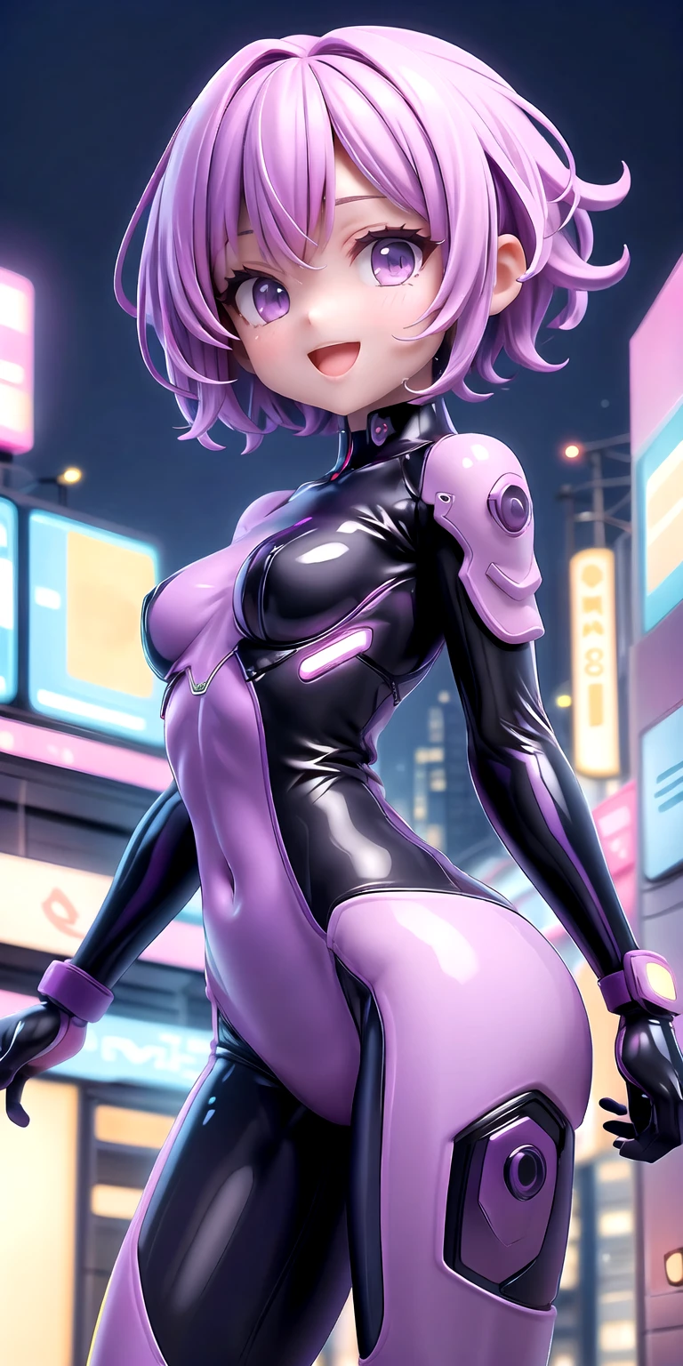(masterpiece, best quality, highres, ultra detailed, detailed background:1.2), (beautifull, detailed face, detailed eyes), 1girl, cyberpunk, cowboy shot, purple hair, short hair, bob cut, purple eyes, ((small breasts)), narrow waist, pale skin, naughty face, grin, sexually suggestive