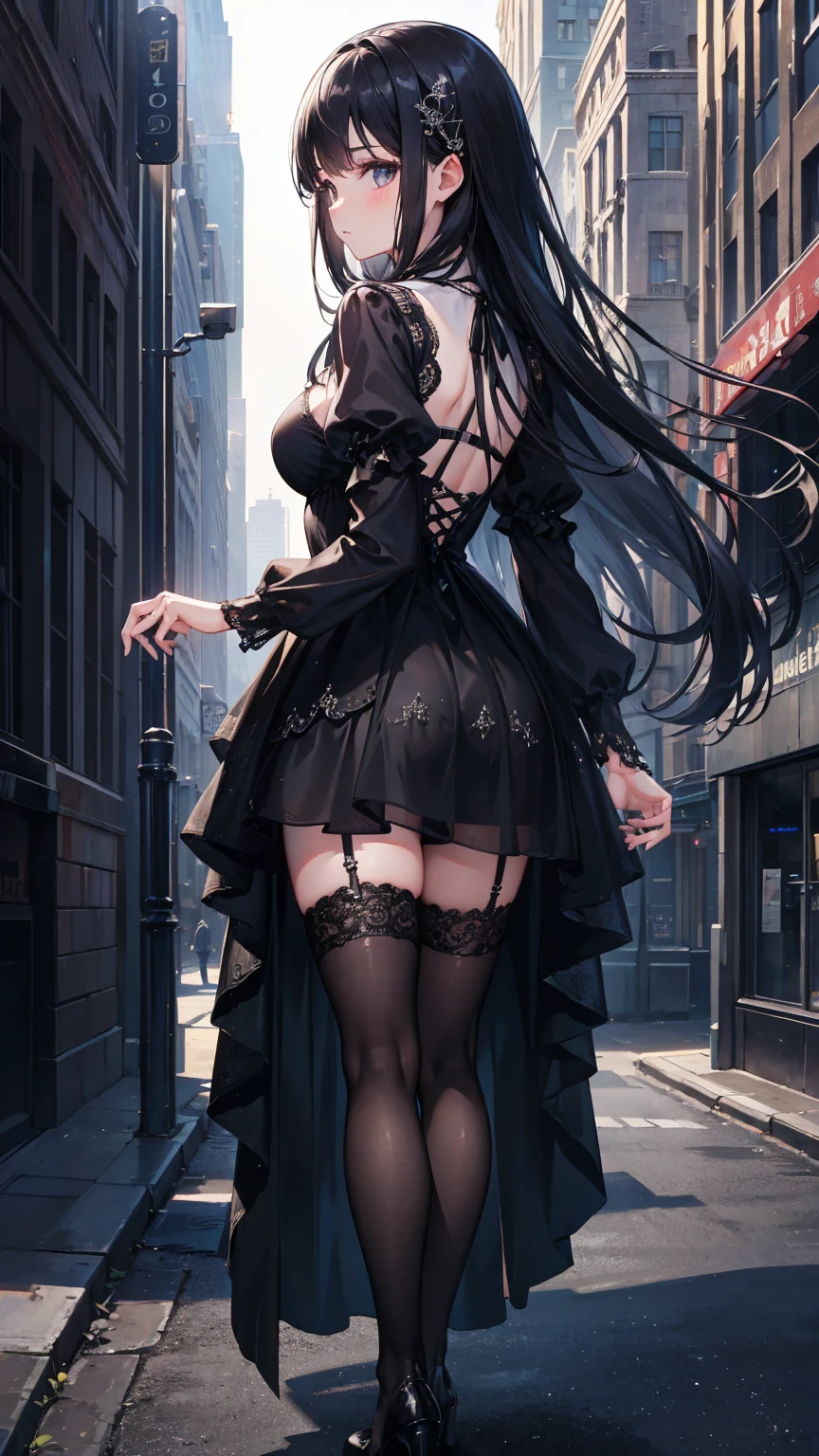 A woman dressed in black walks down the street wearing a long coat, Perfect facial features，Perfect and delicate eyes，Extra-large big breasts，by Yang J, wlop rossdraws, style of wlop, [ trending on CGSociety ]!!, dark fantasy style art, style of raymond swanland, author：feng zhu, Rosla 1. 0, rossdraws sakimimichan, Guviz-style artwork