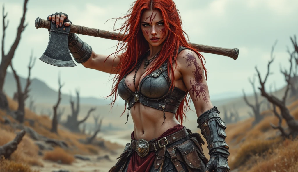 (Best quality,4K,8 K,a high resolution,masterpiece:1.2),ultra-detailed, woman-орк, woman orc, blue eyes, Bright red hair, fangs are visible from the lower jaw, lust in her eyes, Spear Mastery, bulky, HDR, 8 K, absurdity, film studio 800, Sharp Focus, Add_detail:2, (One, woman)