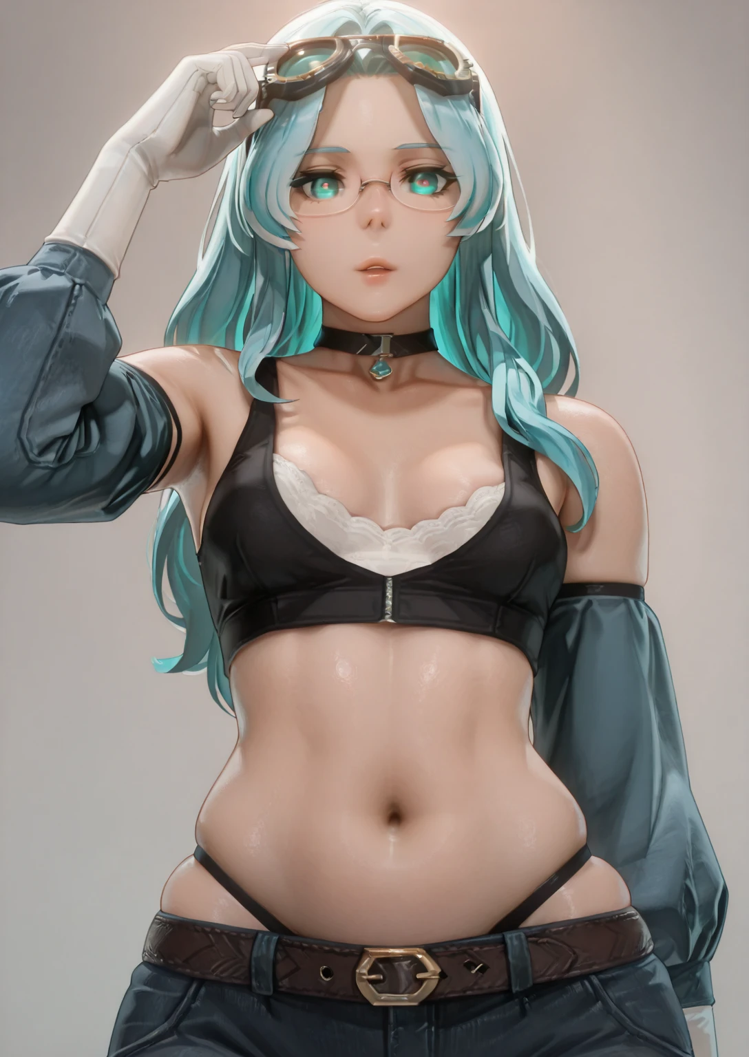Vicineko, 3d, sakuranotomoru, (gogalking-style1.2), ((Cinematic, unreal engine, eye-catching, ambient occlusion, UHD, masterpiece)), ((perfect lighting, rim lighting)), comic, score_9, score_8_up, score_7_up, score_6_up, score_5_up, score_4_up, uncensored, detailed background, vignetting, masterpiece, Cinematic, high quality, absurdres, best quality, very aesthetic, newest, digital art, trending on ArtStation, ((anatomical correct)), perfect body, perfect eyes, perfect fingers, gasping, heavy breathing, gasping profusely, cinematic, ((skindentation)), ((curvy)), mature female, eva aesland, long hair, light-blue hair, aqua eyes, glasses, parted bangs, ((small breasts)), bright pupils, plump, 1girl, breasts, solo, goggles_on_head, gloves, goggles, navel, choker, looking_at_viewer, muscular_female, belt, grey_background, muscular, parted_lips, elbow_gloves, white_gloves, eyewear_on_head, collarbone, midriff, simple_background, tank_top, pants, bare_shoulders, (highleg panties)