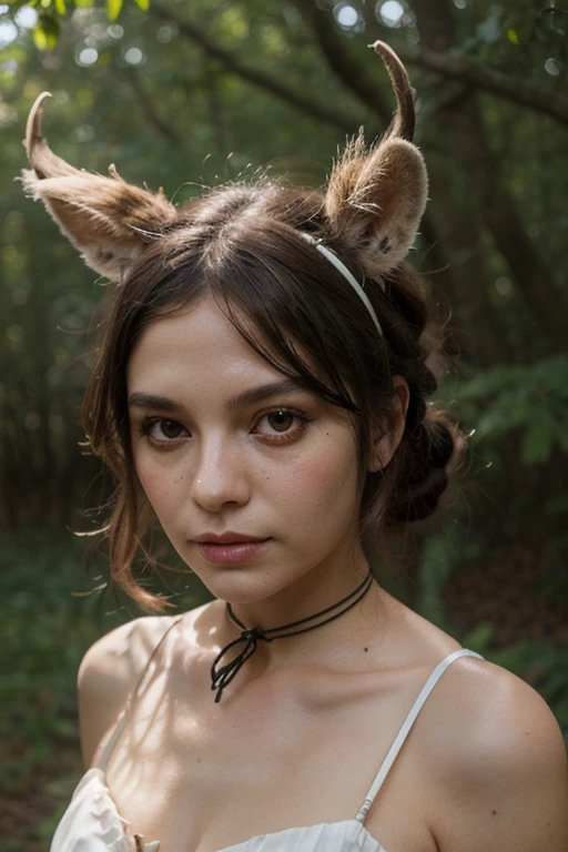 GhostlyStyle, zombie fawn, very cute, standing in a haunted meadow, spooky, highly detailed, up close, sickly green mossy fur, decayed leather collar, swamp witch's familiar, pale gray eyes