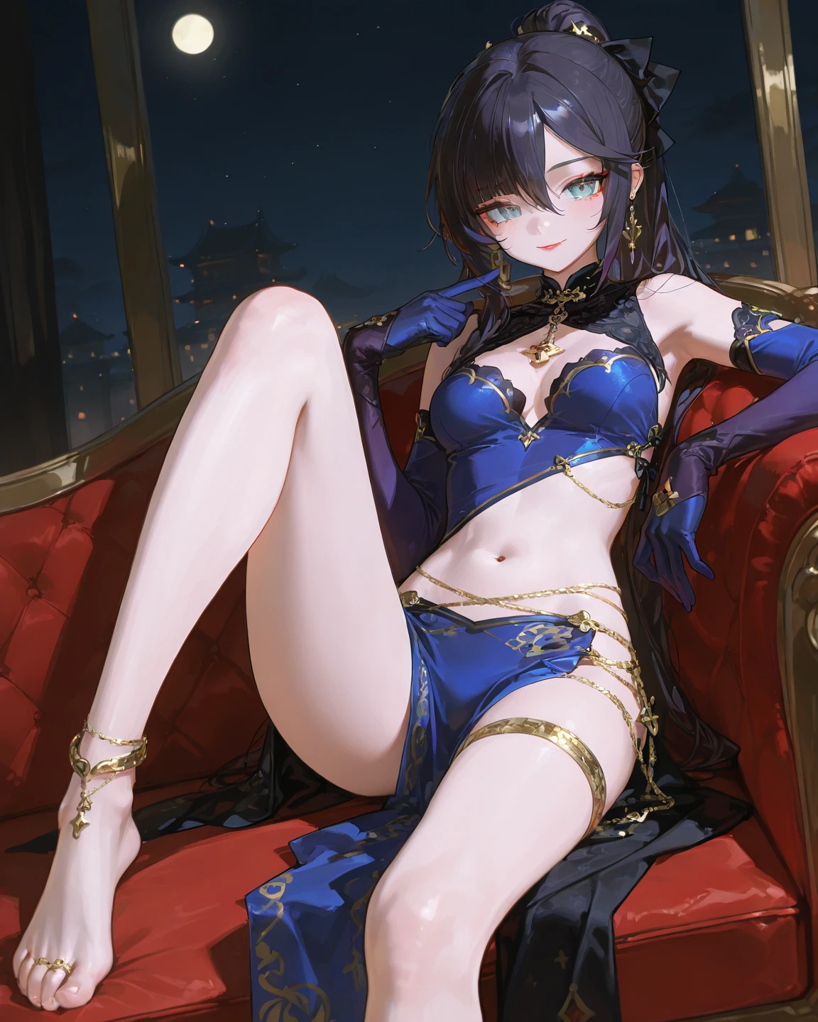 long hair, black hair, medium breast, slim legs, happy, blue gown, cleavage, arabian belly dancer , skirt, rin tohsaka, twin tail, navel, garden, night, blue eyes, tiara, sitting, thigh high socks