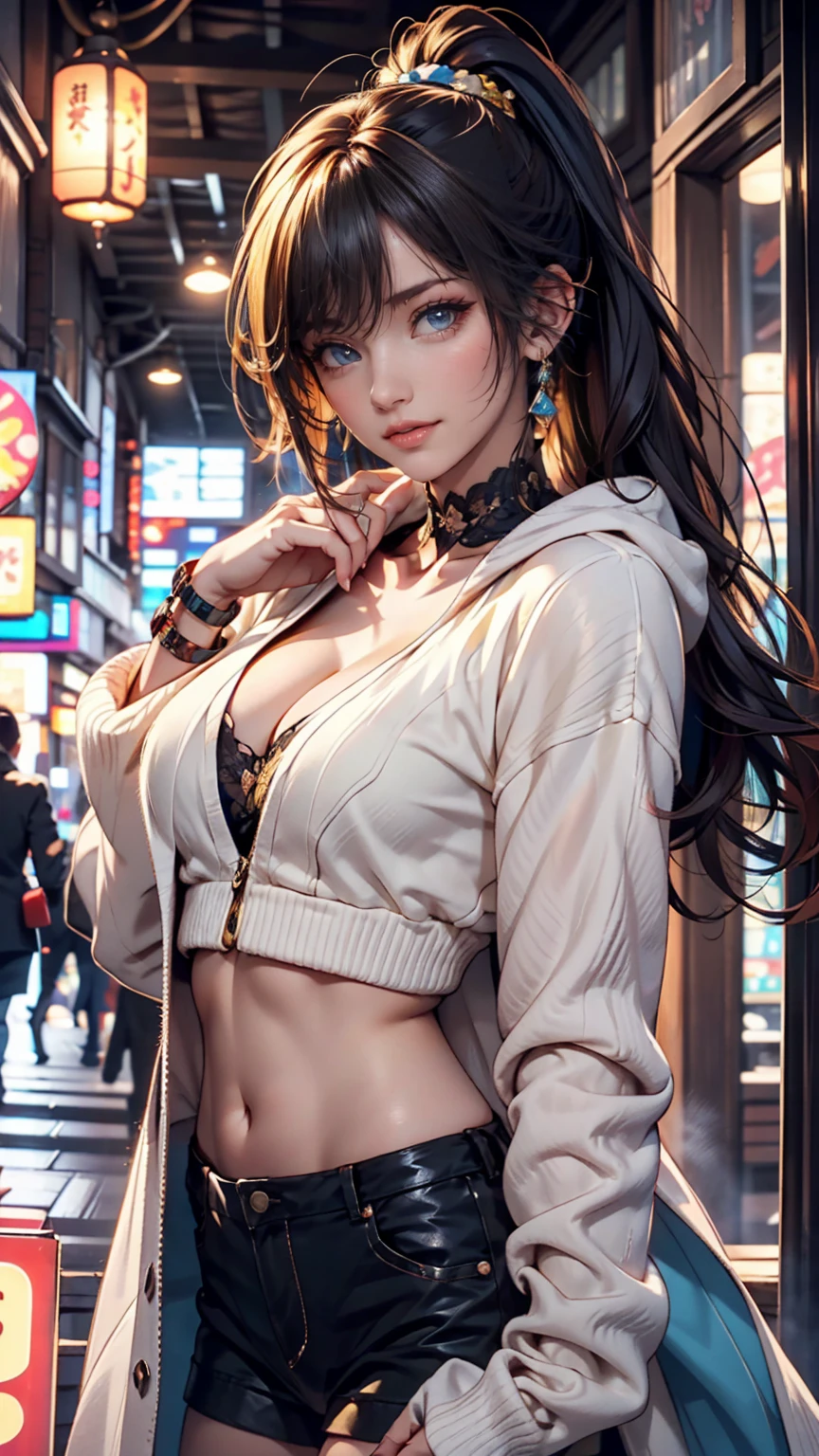 masterpiece, best quality, PIXIV, cool girl, lots of piercings, earrings, dark brown hair, curly hair, blunt bangs, straight bangs, gray eyes, pale skin, gal, gyaru