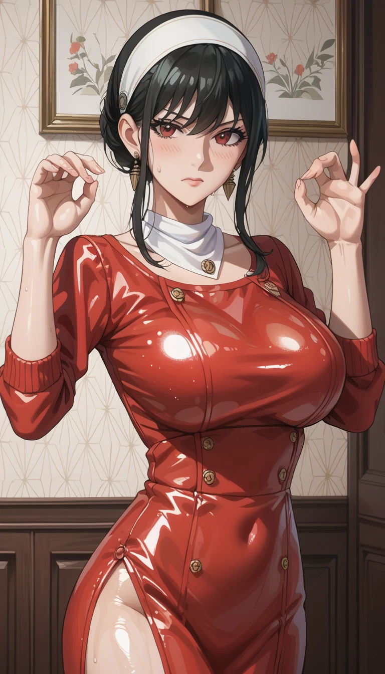 black background,jiangtong, 1girl, solo, horns, cleavage, big breast,brown eyes, <lora:jiangtong:0.7>,cross legs