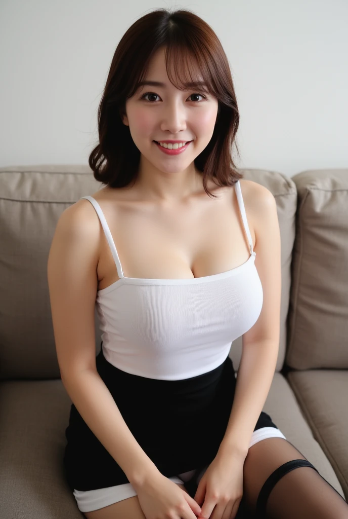 Accentuated thighs、White tights、chest、Black Hair、1 girl、solo girl、Thick thighs、hand on own chest、smile、Orange swimsuit、garter belt,maeshima ami