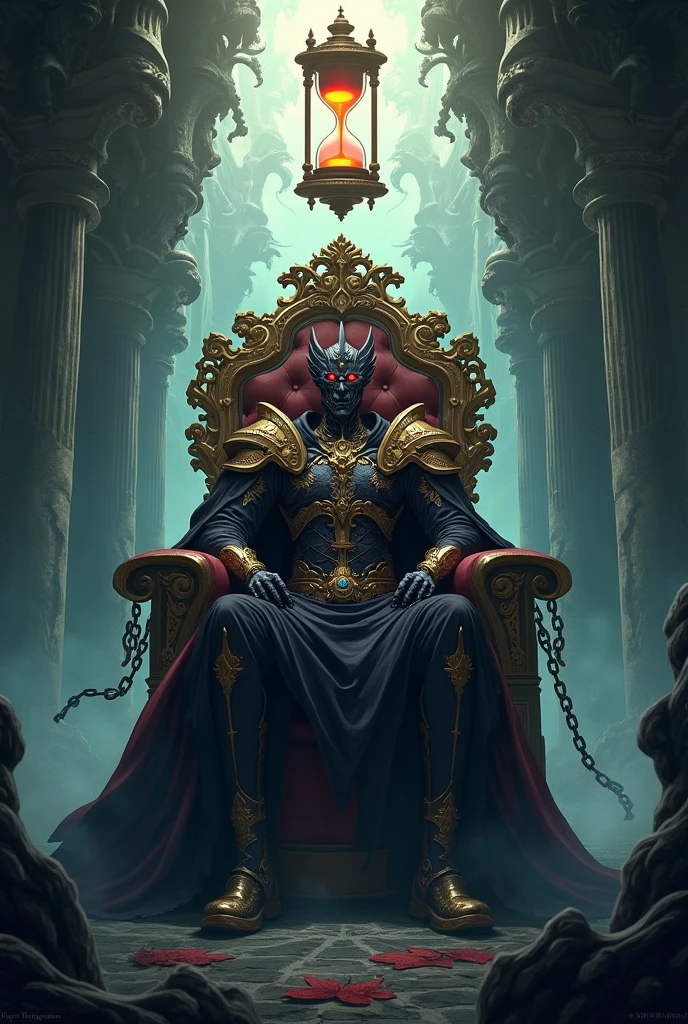 A vampire demon, dressed in heavy armor, sitting on a throne He is on a mountainous surface with floating rocks behind