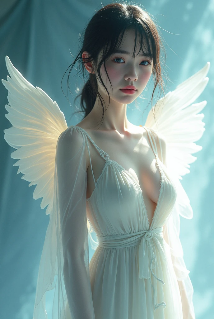 beautiful sexy asian angel, highly detailed fantasy angel, breast, intricate angelic wings, glowing halo, ethereal expression, flowing robes, dramatic lighting, dramatic pose, serene setting, heavenly atmosphere, soft pastel colors, photorealistic, 8k, hyper detailed, cinematic lighting, masterpiece, digital art