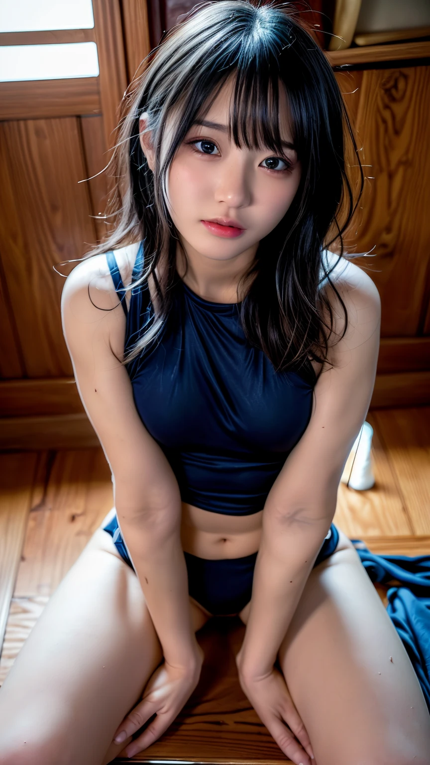 (((realisitic)))a picture, ​masterpiece, top-quality, 1girl in, a slender waist, top-quality, pale-skinned, Suryu Aska Langle, Plug Suit 02, Black background, (Face and eye details:1.1), Unique, on the beds、Crying face, ((Crying in frustration)), extremely delicate and beautiful girl, Prone,sun burned body、Wearing swimwear、opening legs、Colossal tits、perspiring、Excessive perspiration、Sweaty body、drops of sweat by the body、Bold composition、Sweaty feet、ren、