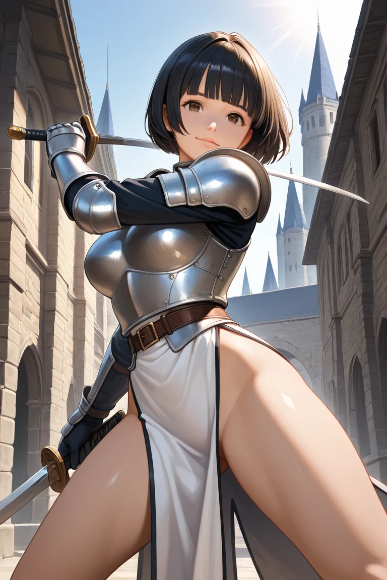 female knight armor Torn white skirt Torn white tights No underwear Black Hair Shortcuts battlefield heavy rain tiara In combat Spread your legs Big Breasts