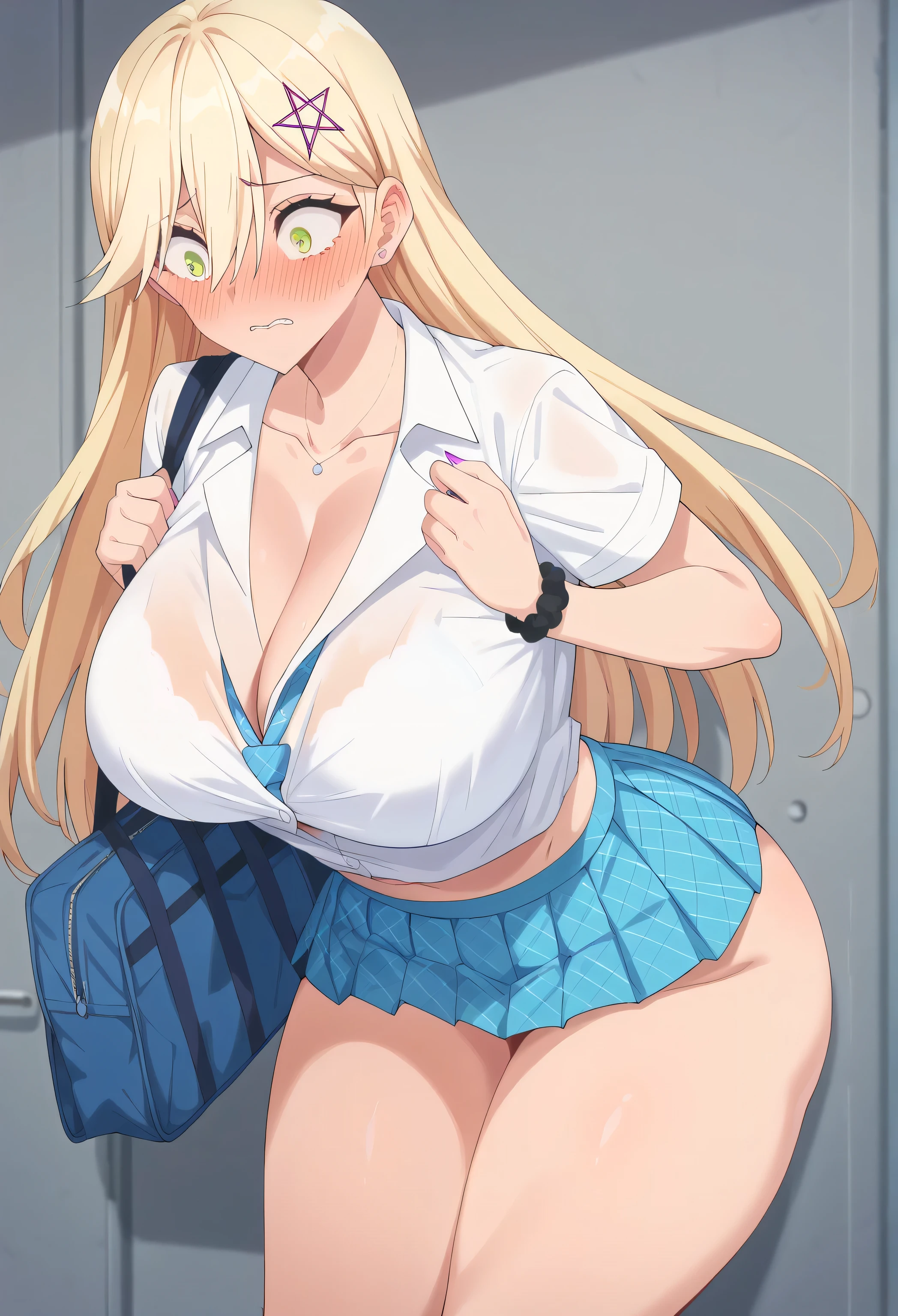 One girl,Blonde, blue eyes, Twin tails,Tight shirt, ,mini skirt,School corridor,Large Breasts, Saggy breasts,(compensate:1.1),lipstick ,Grin, between legs, belly button, Low skirt