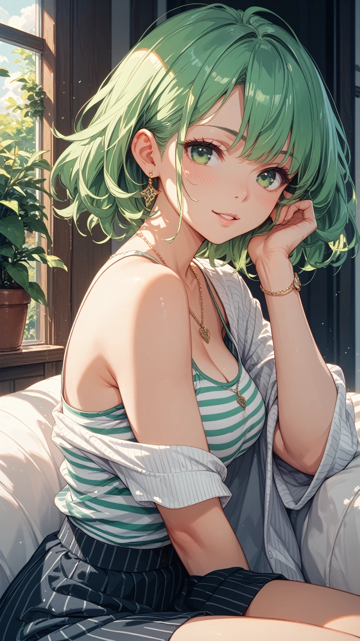 masterpiece, best quality, 1girl, tatsumaki, green eyes, long thick eyelashes, flipped green hair, small breasts, petite, shiny skin,
casual, off shoulder, baggy shirt, leggings,