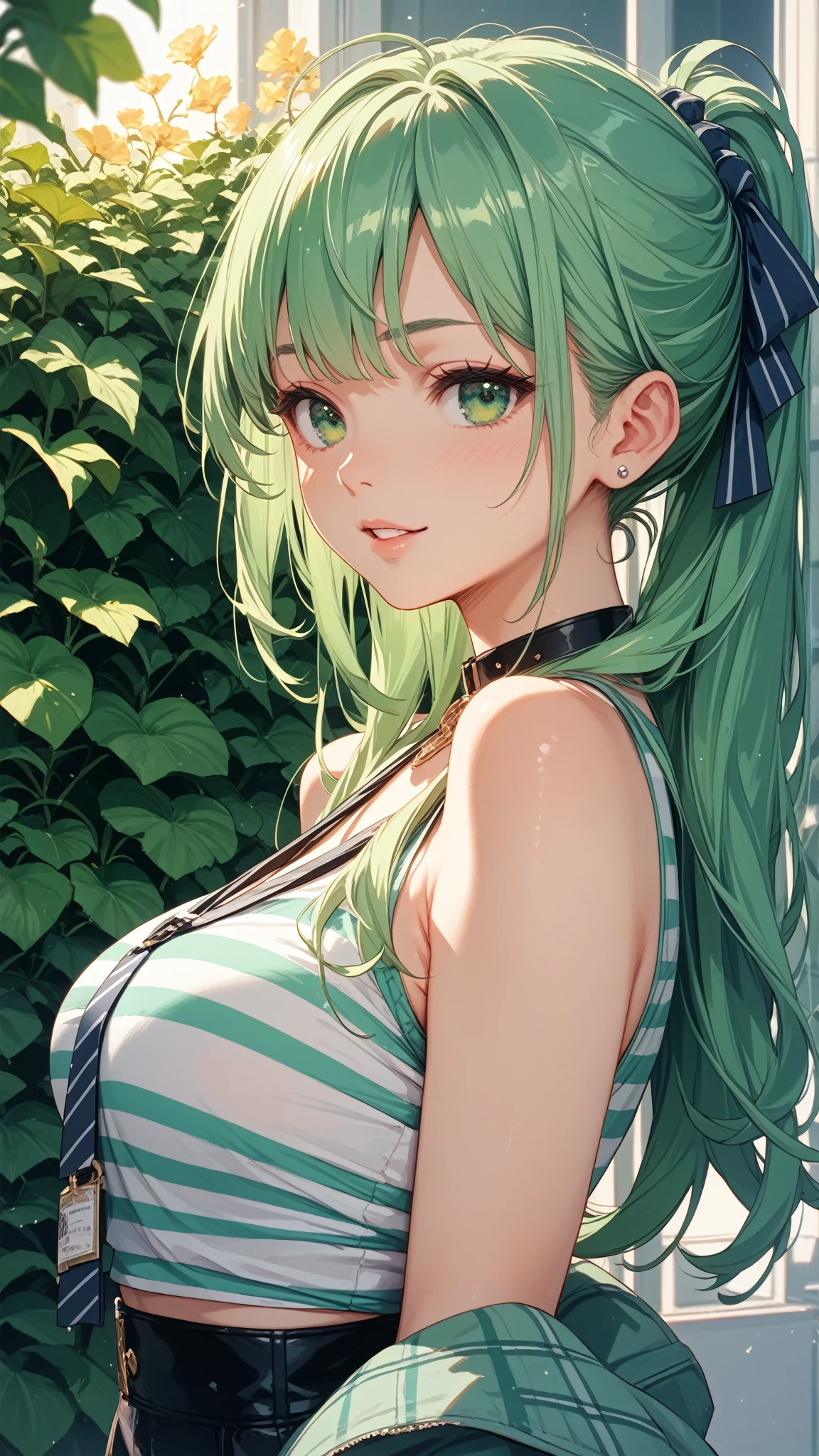((masterpiece)), (((best quality))), chromatic lighting,
colorized, green + white limited color palette, 
detailed concept drawing,
Shibuya street girl,
portrait, 20yo 1girl, medium soft breasts, slender, long green hair, black eyes,in a city,