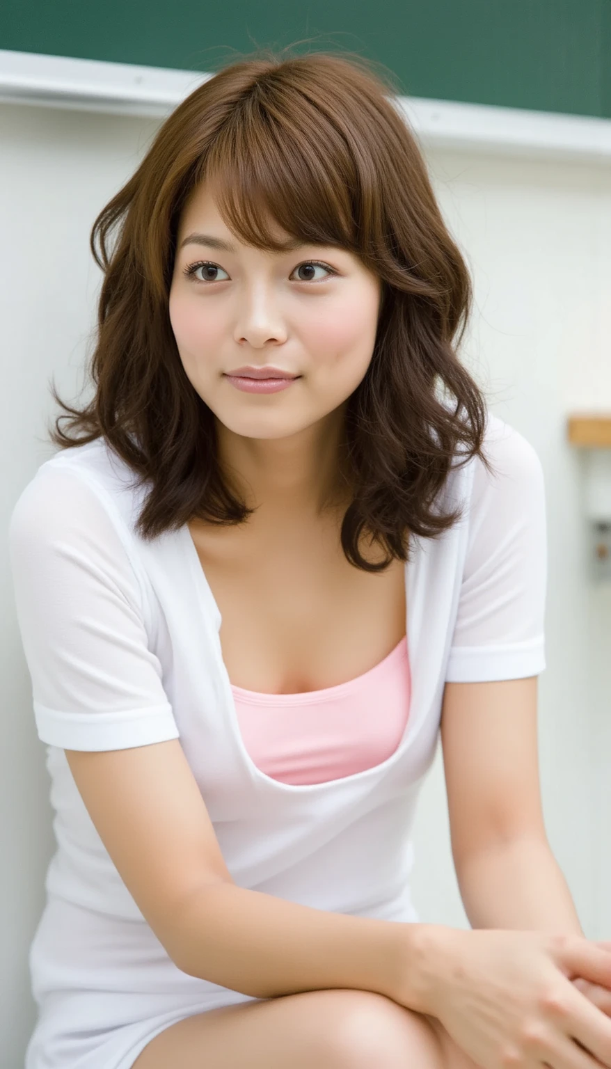 ((Best Quality, 8k, Masterpiece, Portrait: 1.3, Photorealistic)), (from below, looking at viewer), (cowboy shot:1), Sharp Focus, Solo, Japan Milf, Beauty, (joy expression), 35 Years Old, long Hair, Wrinkles:0.3, Emphasized, gorgeous bra, wet bathroom floors,