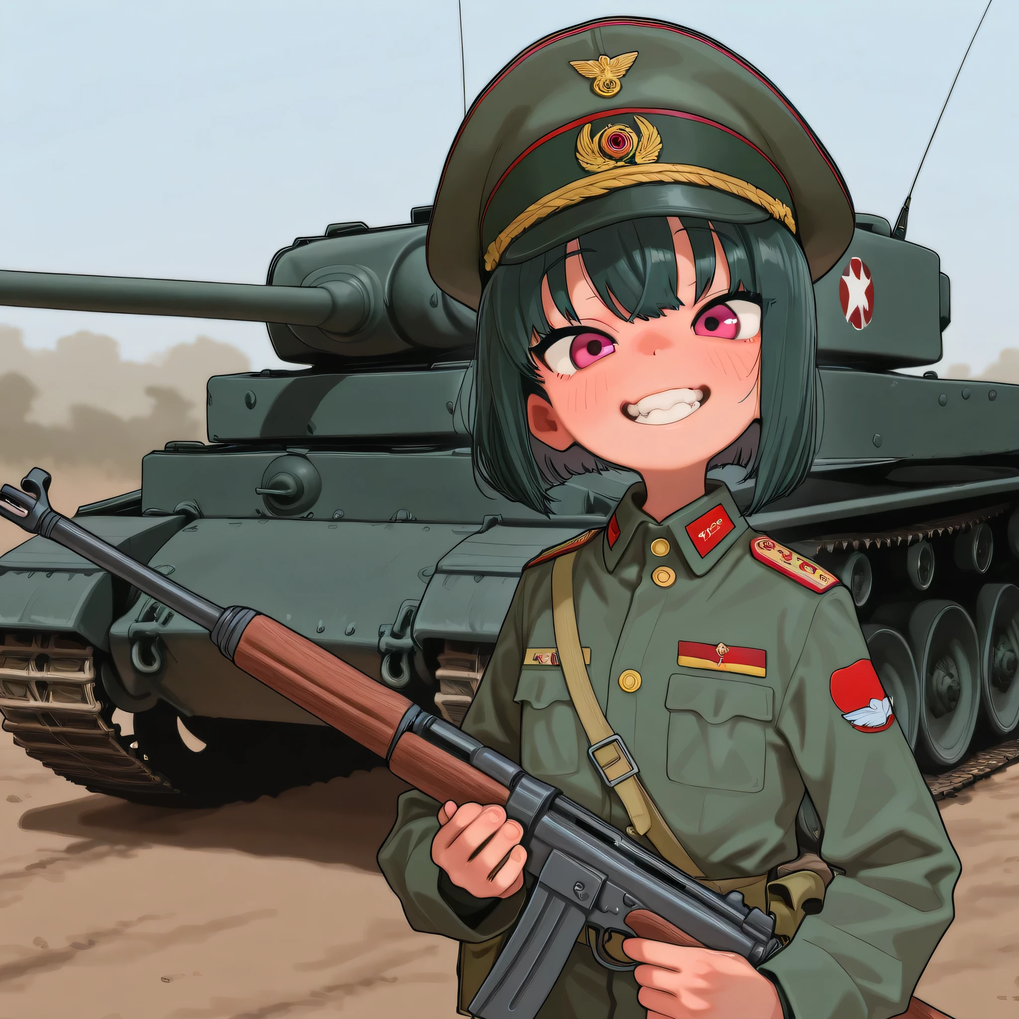  score 9, score 8, score 7, Best quality::2.5, artwork::2.5, Masterpiece::2.5, Beautiful features, good anatomy, realistic look, beautiful details, detailed eyes, Style matching sabotenman, (artist:sabotenman), 3loli, cute, military clothes, war field, tank, holding weapons, smiling, 