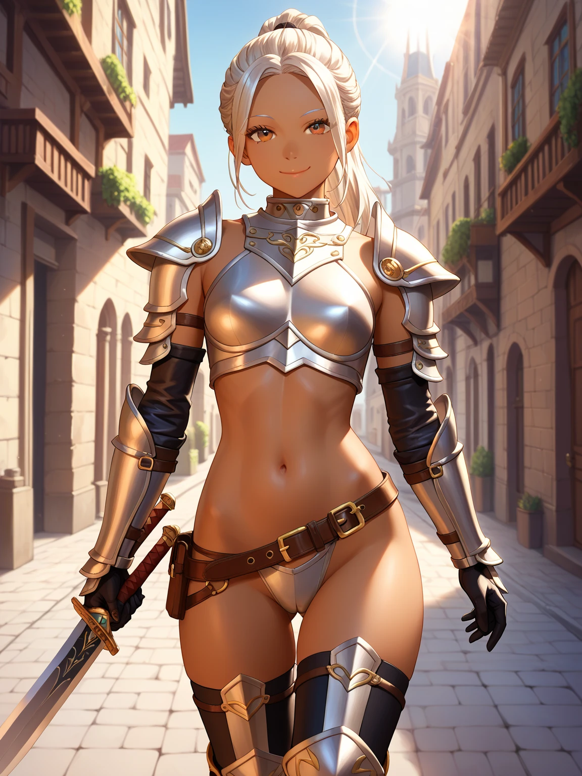 white short hair、Dark skinned adult female cleavage，helmet，Bikini Armor，Abdominal muscles，Tattoo，，shield，spear，Ancient City Wall