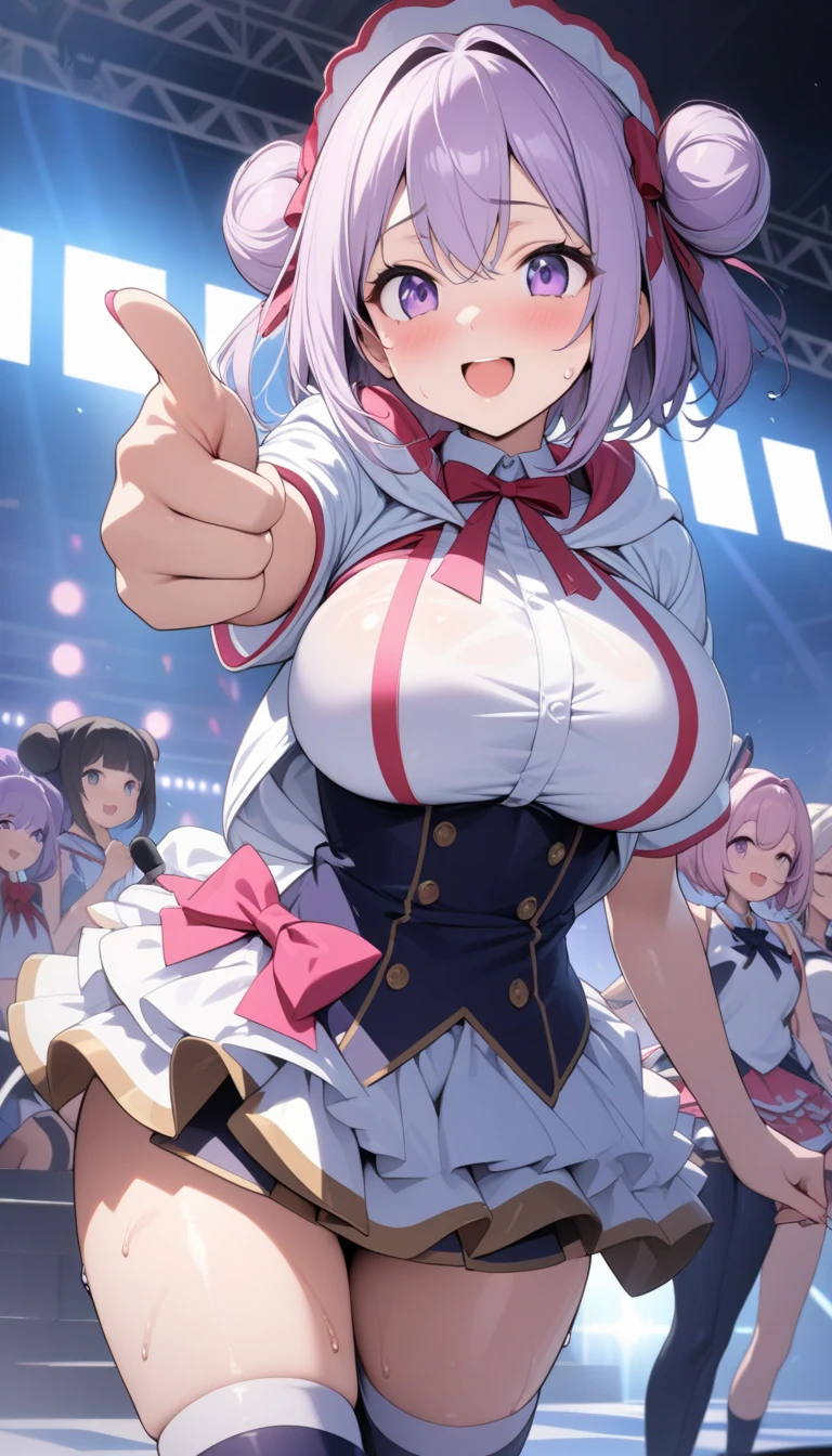 brown eyes, tan, tanlines, one-piece tan, hair ornament, brown hair, hair ornament, solo, fang, hair bobbles, short hair. two side up,, (large breasts:1.5), live stage, 11years old nipple blazer uniform, Blazer skirt, alone,