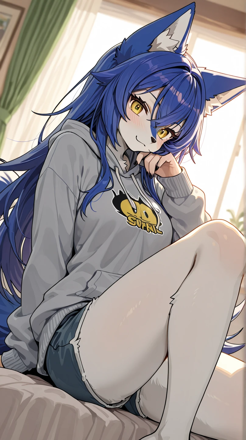 Japanese, female, 17 years old, catgirl, , small head, D-cup breasts, skinny, long shapely legs, navy dark blue cat ears, long messy dark blue hair, big dark blue eyes, dark blue cat tail, dark blue hoodie, white shirt underneath, visible collarbones, black pleated skirt, white knee socks, sitting in chair, in modern indoors setting