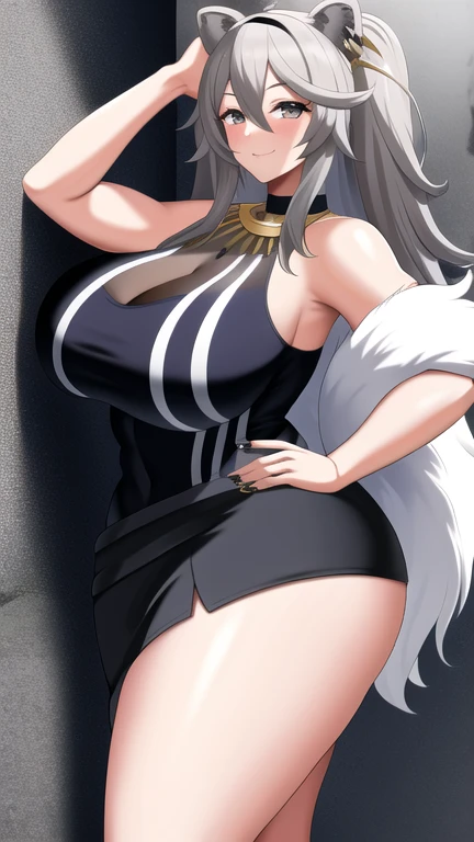one woman, kitsune girl, kitsune ears, extremely large 9 tails, pure white hair, extremely huge fluffy hairstyle, eyes closed, smiling, strong, firm body, thick thighs, big breasts, muscular arms, pure white fluffy cardigan, white fluffy sleeves, white Bra, Very short white mini skirt, white underwear, sfw, sexy, full body, masterpiece, highly detailed, white shiny clothes, white Fluffy boots, medium women, eyes closed