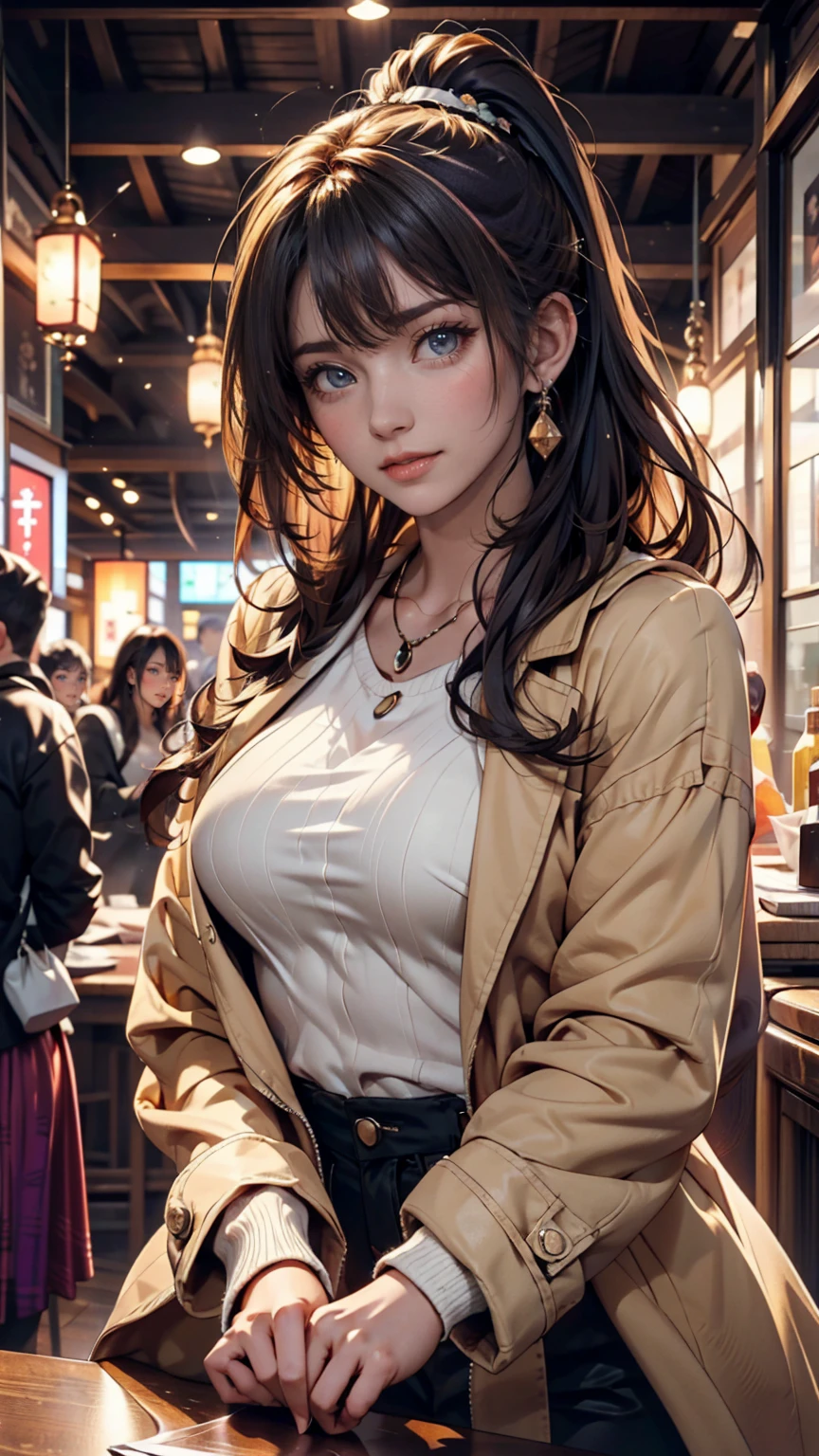 A woman wearing a yellow jacket and holding a coffee cup, extremely detailed art gelm, Anime girl drinking energy drink, Senna from League of Legends, lovely Bridget from Overwatch, Bridget from Overwatch, ruan jia and art gelm, trending art gelm, Faye Valentine, like art gelm, range murata and art gelm, ig model | art gelm、24-year-old woman、Sexy proportions、Sexy、Narrow waist、erotic