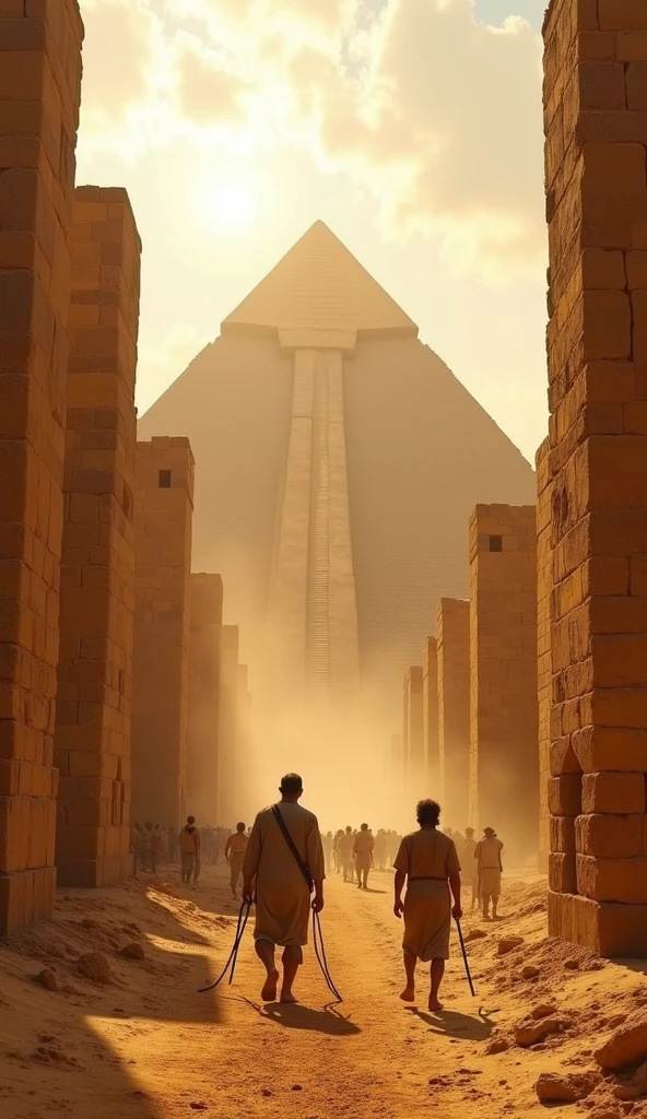 "Illustrate the grandeur of the ancient Egyptian pyramids under a setting sun, with workers in the foreground."