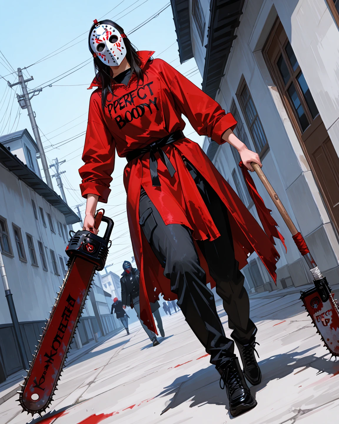masterpiece, best quality, 4k resolution, 1girl, torn coat, torn clothing, blood, blood spread, maniac, killer, ??? of darkness, horned, mask <lora:???_of_darkness:0.9>