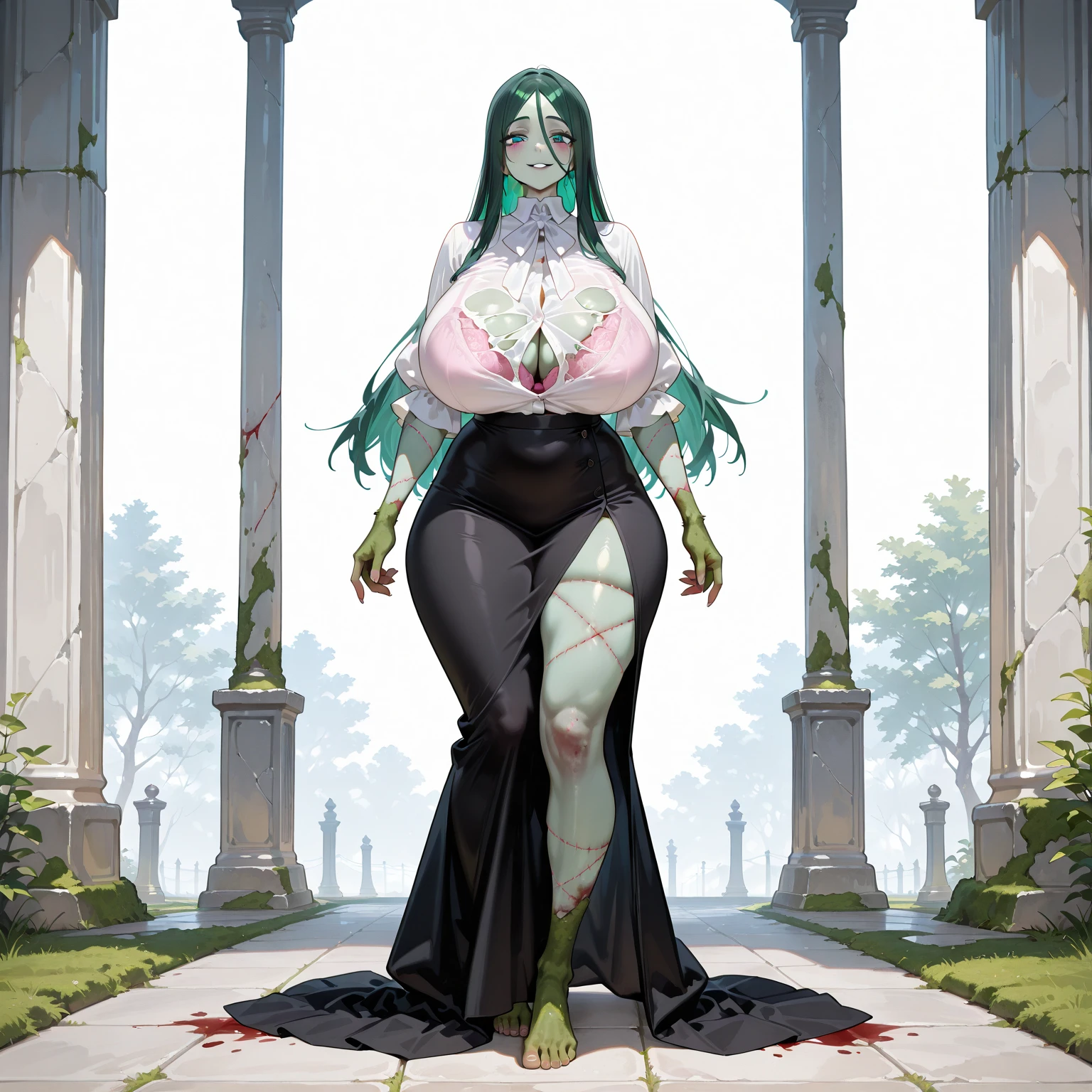 A beautiful anime-style girl with long green hair,(((detailed)))Green Eyes,Transparent hair,(((detailed)))Cool face,Expressionless,Immoral Beautiful Girl,(((detailed)))A beautiful girl with a well-balanced and glamorous body,Hourglass curves,Big Breasts,(((detailed)))黒色と緑色の際どい和服を着たImmoral Beautiful Girl,Sarashi,Hakama,Floral pattern,(((detailed)))Most of the time she wears kimono and no underwear.,  Cleavage, butterflyの飾り, beautiful (((detailed)))Pale skin,Flower Pattern,(((detailed)))Full Body Shot,There are insects all over my body,(((detailed)))butterfly々,Countless insects,Vines that wrap around hands, feet, etc.,(((detailed)))fog,Red Moon,Mysterious flower field,Dark Forest。