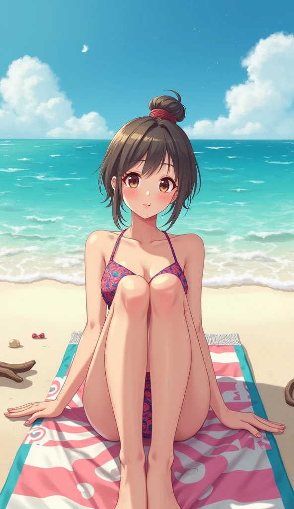 muste piece、highest quality、High resolution、girl、cute、brown eyes、beautiful eyelashes, realistic eyes、White and pink bra、White and pink panties、Wearing only underwear、Smooth texture:0.75、blue sky outdoors、cuteブラ、cuteパンティ
