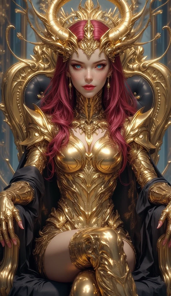 (The body is constructed of Galaxy Liquid Fuchsia and Black Metallic paint,Twisted into a beautiful interpretation of the female form), Squatting with legs spread out:1.6,Crotch hollow design:1.6,Dynamic poses,Nature,((The complex church in the foreground)), (( Fluid Mechanics, The cutest smooth scaly face makeup, A smirk)) - Red, black and gold, Onexia, Metallic tone g0s1,Eze,Black flowers