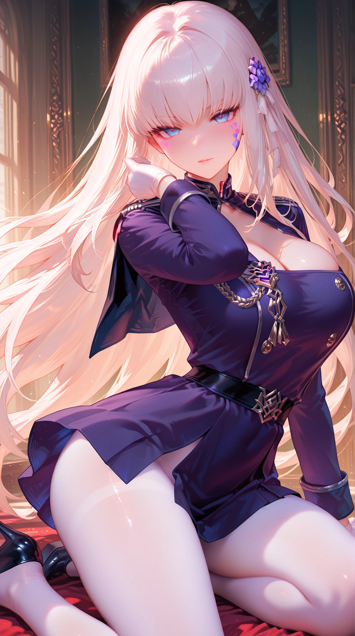 1 Girl,A tight purple dress,Enchanting and plump figure,Outline the perfect curve,The giant chest,Under the clothes,To burst out of clothes。 A picturesque face,Light eyes,Somewhat charming。 Especially with a red mole between the eyebrows,White hair ponytail tied into a flower,White hair,