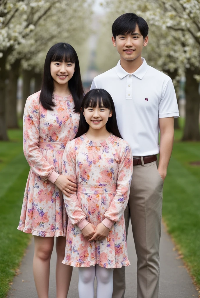 A Japanese high school girl with straight black hair and a smiling boy. A picture that looks like a photograph.。
The uniform is a white shirt。
The skirt is checkered in light blue, navy blue, and gray.。
The length of her skirt is shorter than above the knee, her hair is long enough to reach her waist, her bangs are neatly trimmed and cover her eyebrows, she looks like a member of Nogizaka 46. She is seen from the right diagonal, her height is 180cm.。
Model-like, both of their faces are visible, so it&#39;s almost like a photograph