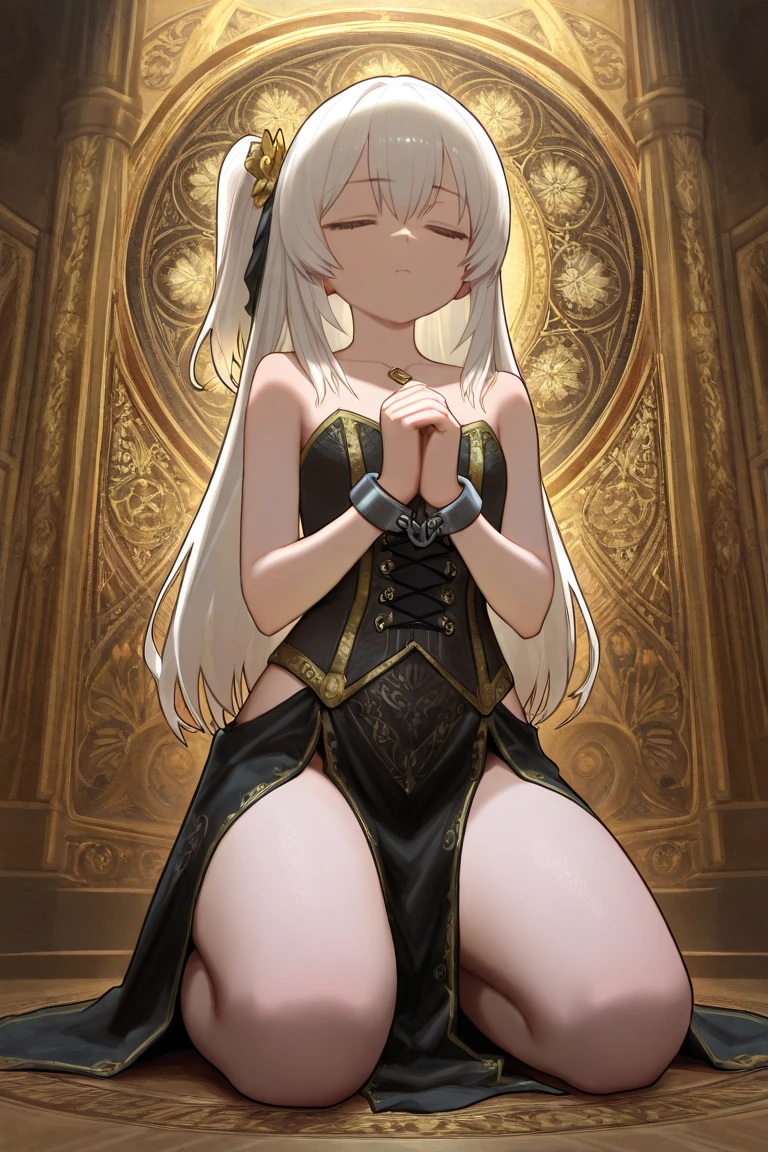 (masterpiece,best quality,ultra detailed:1.2), Lens Flare,Neon-light-effect, A church with beautiful stained glass windows, (back shot, back view, Sit on all fours facing backwards:1.1), cowboy_shot, from_behind, 1 Girl, a girl inside the church with white hair and blue pupil surrounded by many glowing feathers in cold face, thick_thighs, long hair, curly hair, bangs, floating hair, blonde hair, two-tone hair, disheveled hair, smile, fingernails, large_breasts, navel, thighs, blonde eyes, white skin, beautiful detailed dress, high_heels, see-through, black Clothes, sparkle effect,crystal light,illusion effect,powder light,Colorful rose effect,