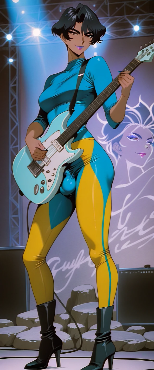 katy perry, blue hair, green dress, katy perry face, in show, singin, have to pee, peeing self, hold pee, desperation, open mouth, swide eyes