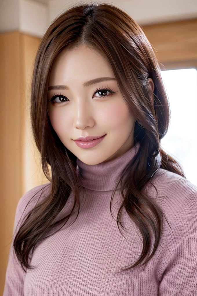(table top、highest quality、8k、Award-winning work、ultra high resolution)、one beautiful woman、(Turtleneck long knitted sweater dress and thick fur coat:1.2)、Exactly、brown hair、(The most natural and accurate pink long scarf:1.2)、Very long wavy hair、epic movie lighting、(romantic love feeling:1.1)、(The most romantic and moody atmosphere:1.1)、winter、snow scene、snowing、Norwegian city covered in snow、look at me、(Big breasts that are about to explode:1.1)、(Most emphasize the body line:1.1)、very long hair、blurred background、accurate anatomy、ultra high definition hair、Perfect and beautiful teeth in ultra high resolution、Ultra high definition beauty face、ultra high definition hair、Super high-definition sparkling eyes、Shining, ultra high-resolution beautiful skin、ultra high resolutionの艶やかな唇、(close up of face:1.3)