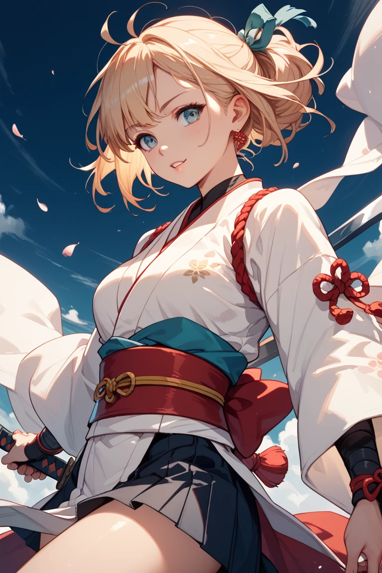 A stunning female Super Saiyan。Blonde short straight hair,Soft and shiny,Floating in the wind。Exquisite and three-dimensional facial features,Eyes bright as stars,A resolute and courageous look。
She is wearing an orange-red martial arts uniform similar to Sun Wukong,The top is loose,White trim on collar and cuffs。Clothes are light and tough,Fits the figure,Accentuate muscle lines。The lower body is loose martial arts pants,Trouser hem cuffs。Wide blue belt tied at waist,There are mysterious patterns on it。
Firm and elastic arm and leg muscles,Explosive。The golden and blue energy rays continue to surge around the body.,Like a whirlpool,With a slight electric glow。with a serious and focused expression,tight lips,Exudes a powerful and invincible aura。