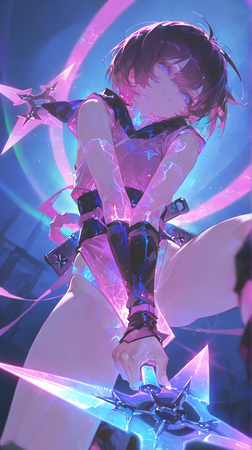 cinematic, (masterpiece), (best quality), (ultra-detailed), very aesthetic, illustration, realistic illustration, perfect composition, intricate details, absurdres,  (anime, masterpiece, intricate:1.3), (best quality, hires textures, high detail:1.2), (4k),(incredibly detailed:1.4),realistic shadow, mash,masterpiece,1girl,solo,hair over one eye,black armor,black leotard,bare shoulders,elbow gloves,purple gloves,thigh strap,thighhighs,armored boots, (flat soled boots:1.2),holding shield,standing,look away,from behind ,above,she is shielding for me, squatting and One knee down,cowboy shot, deflected by the shield.1980’s anime style,in a dynamic motion , Glowing Contours,highly transparent  hair 、(She is holding a large cross-shaped shield.,glowing  shield)