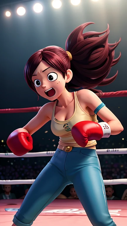 Girl on the boxing ring. Close up. High quality Pixar, hyper realistic image. 4k