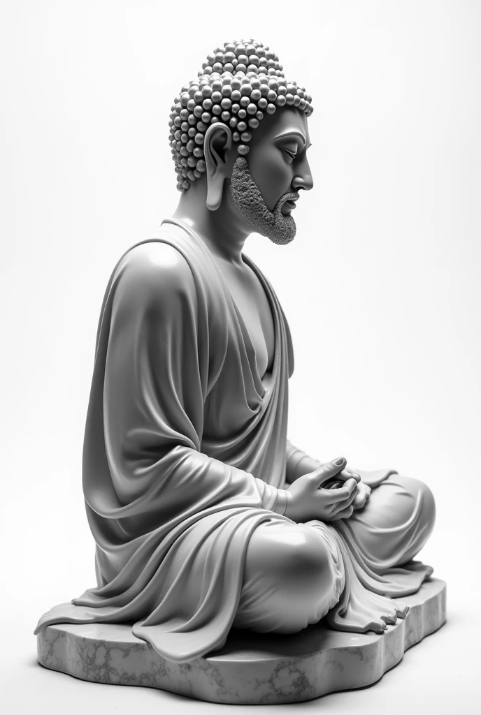 "Hyper-realistic black and white sculpture of a meditative Buddha in three-quarter profile view, inspired by classical Greco-Roman marble busts. The figure has masculine, mature features with a strong brow, prominent nose, and defined beard line — echoing the heroic style of Renaissance or mythological statues. The surface appears like polished marble, with intricate lighting contrast (chiaroscuro) highlighting facial contours and muscle tone. The Buddha wears a finely detailed robe, slightly wind-swept, sitting in a calm lotus position. Clean, soft white background, no text, no borders, no cropping."