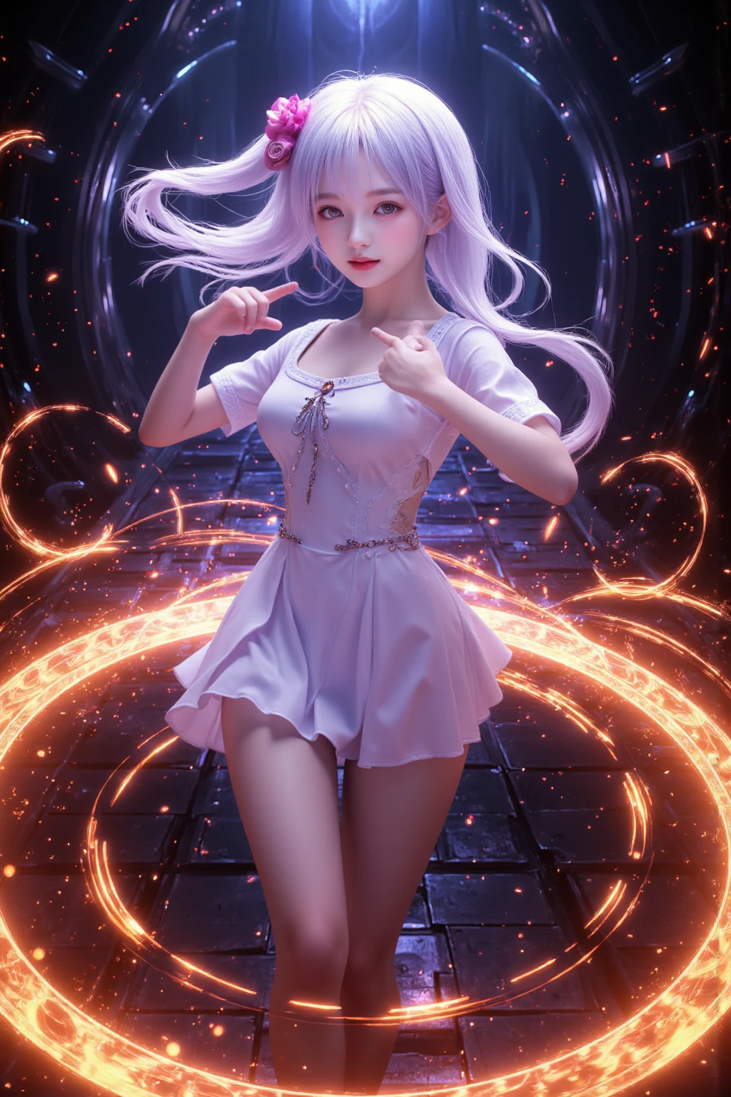 Perfect human body modeling, 1girl, small breasts, beautiful girl, cute girl and idol face, young face, smile, Beautiful long pink hair, twintails, Beautiful shining red eyes, white skin, Short body, white summer dress, sleeveless, light particles, light sparkles, lens flare