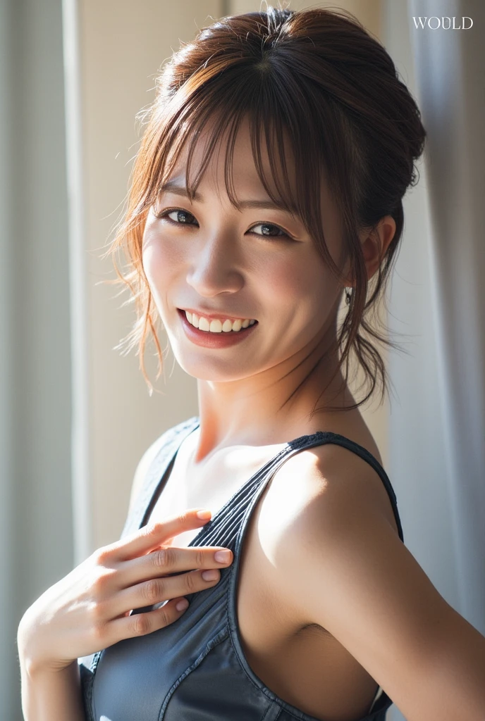 ((最high quality, 8k, masterpiece: 1.3)), (close:0.75), Realistic, Sharp focus, high quality, High resolution, Japanese women、48 years old、Middle-aged mature woman face、Chubby body type、Her breasts are huge, measuring 40 inches. {Wearing a risqué tank top}, ((Very strong sunlight)), smile, Red hair bun hair,自宅の庭でカメラに向かいsmile、Upper body image、smileのアップ8K画像、
