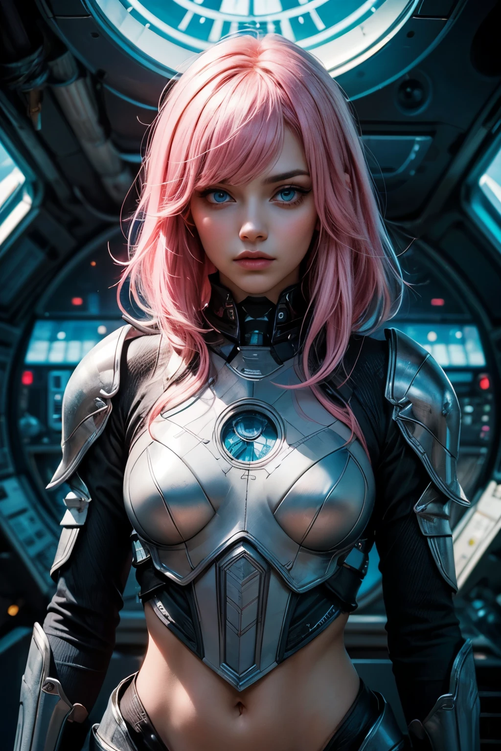 A Modern flat toon Crazy whit a Big ONE a Only Eye Robot and helmet Style, like Sandra Bullock nude in PINK hair, pinhead, camouflage Pink Light Green Rusty, Ambient in a meteorite crater super detailed, center, beautiful, soft lighting, focused on the character, 4K resolution, photorealistic rendering,