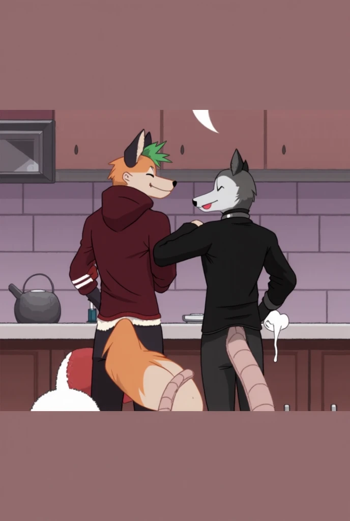 Anthropomorphic male crimson fox with pink nose, black ears, horns, purple eyes, black sholders, very fluffy body, two tails, below a snow leopard with purple eyes, is penetrated by a black fox, very hard sex, side view, cum on penis, cum on ass, erect penis, very horny face, tongue out, yelling of pleasure, lost look, anal penetration, thin body, eyes closed, belly bulge, cumshot, large penis, forced sex, trio, different views, knot, knotted, lost look, mounting each other, on knees, public bathroom, sex against the floor, mounted from both sides, penis on mouth, size difference