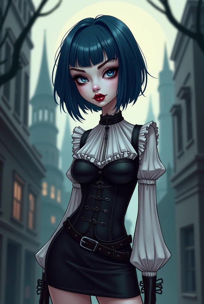 ((art animation 2D)) 20 year old woman with short wavy brown hair with dark blue dyed tips, with black lipstick and dark makeup, Brown eyes, with good body, wearing a wedding dress with a leather jacket, holding a knife
