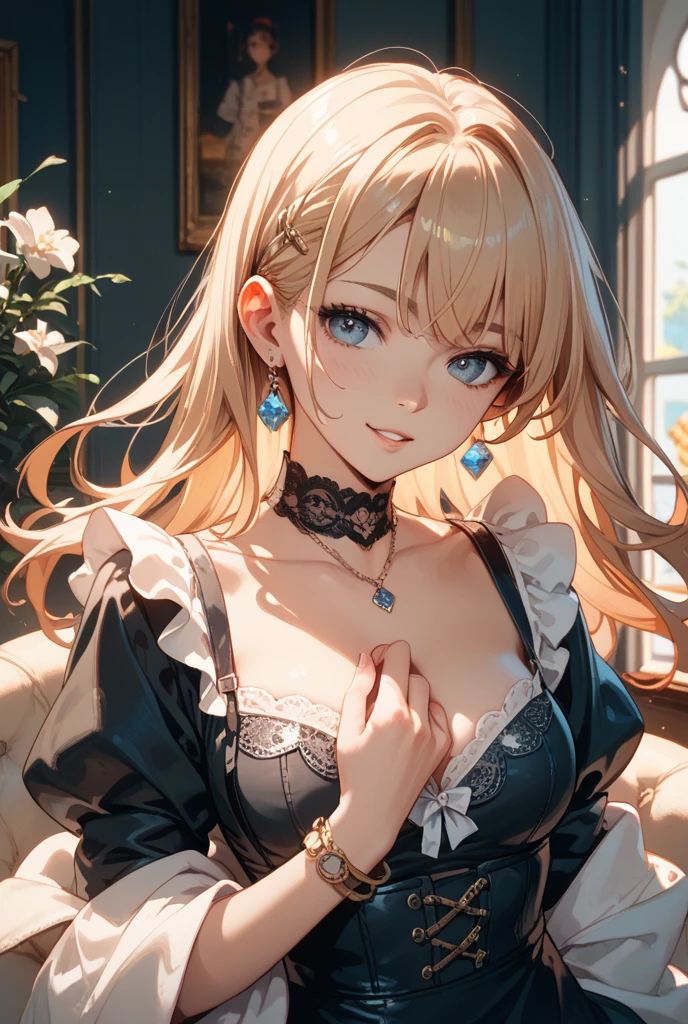 masterpiece、Highest quality、High resolution、High-quality images、8k, 1 female、Skin Radiance、Texture of skin and clothing、Expression of fine eyes、realism, detailed manga style, Manga art style, Perfect line drawing, Beautiful line art, digital manga art girl, Fuller lips, Gorgeous face with attention to detail, (smile), charm, Innocent, Side view, (Perfectly detailed face), (Beautiful Hands) Photorealistic images, Written boundary depth,evening、Adult female、Long Hair、Wavy Hair、Blonde、Bright Blue Eyes、Curly Hair、Big Breasts、Circlet、Black clothes