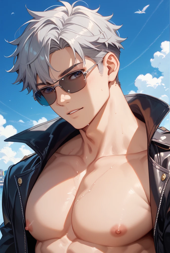facial expression like masturbation, 1boy, bikini, Tight muscles, Broad shoulders, Handsome and old, Tiny underwear, Sexy, sex, Guy, Gay, Sea, jaket,