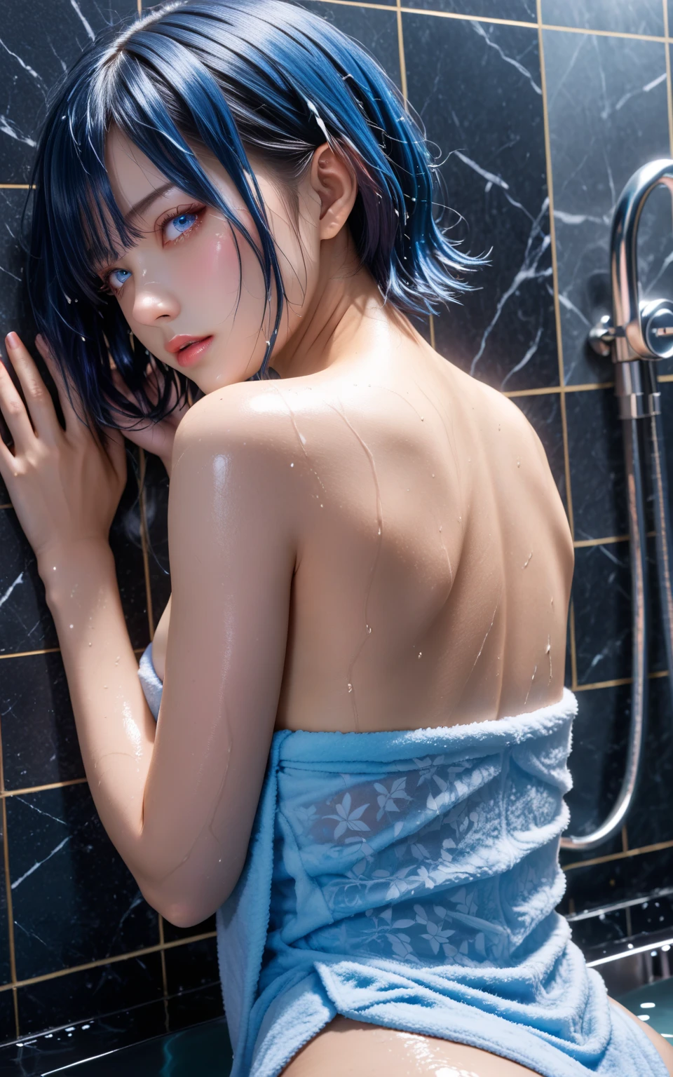 8K, Top Quality, Intricate Details, Ultra Detail, Ultra High Resolution, Masterpiece, close up shot, shot from behind, (Looking back), (full body: 1.1), Slender, Smile, (Makeup: 0.4), ,(( blue eyes, blue hair, bangs, very long hair, extra long hair )), (Fluffy  Eyes: 1.21), (()), 1girl, solo, 1 girl, (()), close up shot, , ((tall)), (((fit body))), (((slim face))), sharp face, ((  in the rain, shimmering skin, she's soaking wet, (her hair is (dripping wet:1.2), long wet hair, Her wet drenched hair, wet hair, water on the body))  ,(detailed face), sharp face, small lips, , ,(( ass up, butt cheek,)) ,,wind blow hair ,crawling ,
 ((, )), , ((naked, nude )), detailed face, detailed breast, large breast, huge breast, detailed ass , detail nipples ,, Narrow Waist, Skinny, tall , 190 cm tall, Muscular, Navel, Exposed Abdomen, Pointed Chest,, Beautiful girl with accentuated slender abs: 1.4, Six Pack Abs: 1.4, , Perfect Body, detail legs, (( dark background)), black background,