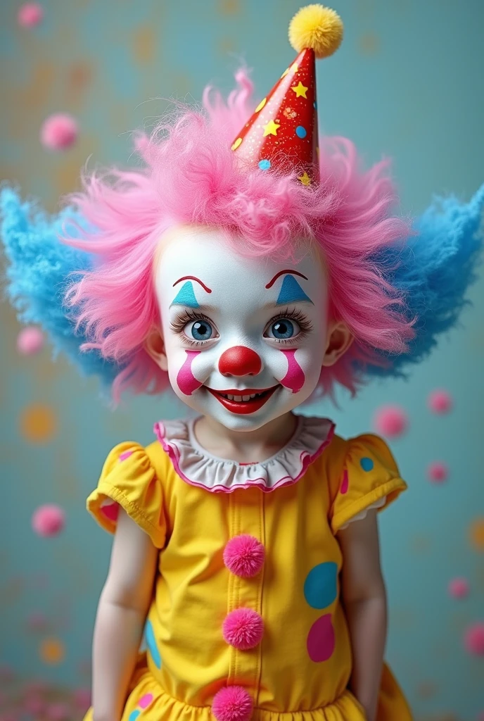 I need a female doll, dressed and made up like a clown, she would have medium brown hair And a boy dressed as a magician he would also have brown hair And the two would be kissing 