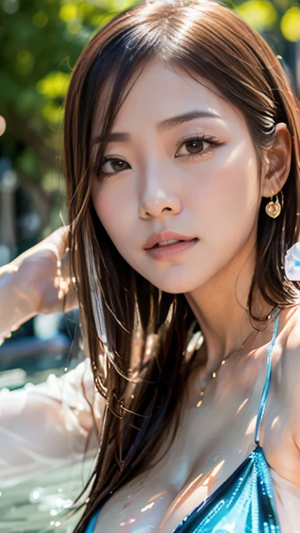 masutepiece, Best Quality, Photorealistic, Super detailed details, finely detail, High resolution, 8K Wallpaper, (1 person woman), Beautuful Women、Korean style makeup、Sharp face、a small face、Hanging eyes、taut breasts、cleavage of the breast、Light brown fluffy long hair, (Overwater cottages in the Maldives,Crystal clear sea seen from the window, Views with white sand beaches and palm trees)、Highly detailed background、sharp focus, Perfect dynamic composition, Beautiful detailed eyes, Detailed realistic skin texture, Smiling, in a street、brown pupils、Swaying earrings、 Necklace、Show armpits、large breast